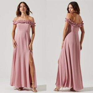 NWT ASTR The Label Venetia Off Shoulder Ruffle Trim Maxi Dress Size XS